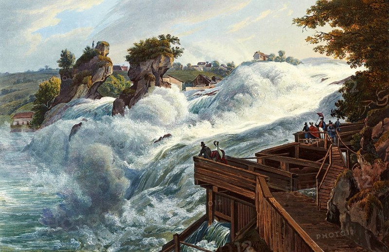 View of the Schaffhausen Rhine Falls from the Fischetz plateau, Switzerland, view around 1830, digitally restored reproduction of a 19th century model by Johann Ludwig Bleuler (12 February 1792 - 28 March 1850), Swiss draughtsman and painter, Europe
