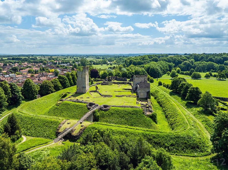 Helmsley Castle from a drone, North York Moors National Park, North Yorkshire, England, United Kingdom, Europe