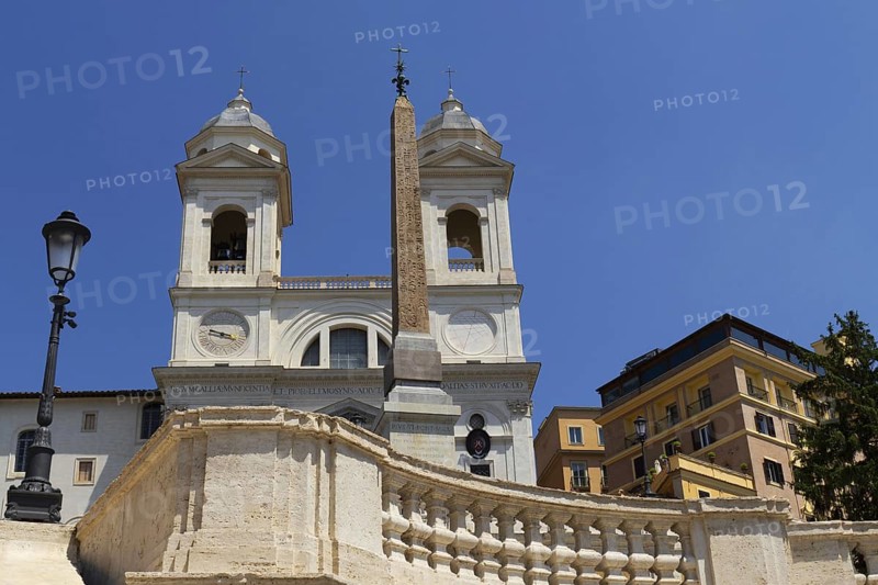 The church Santissima Trinita dei Monti, Santa Trinita dei Monti or Santissima Trinita al Monte Pincio, Most Holy Trinity on Mount Pincio, and the Obelisco Sallustiano, above the Spanish Steps in Rome, Italy, Europe