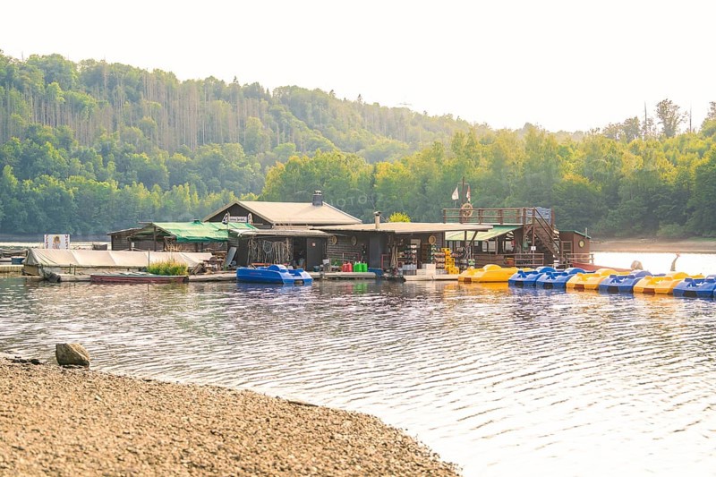 A lake with a jetty for boats and surrounded by huts and forest, Rappbodetalsperre, Harz, Germany, Europe