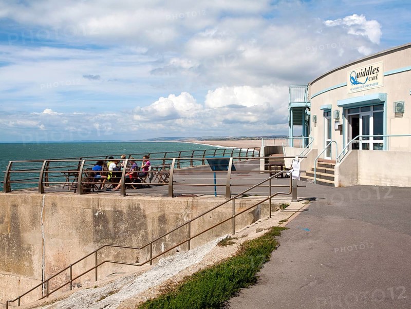 Quiddles seaside cafe restaurant overlooking the sea at Chiswell, Isle of Portland, Dorset, England, UK