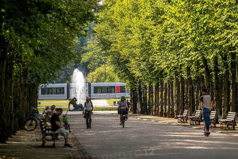 The Jägerhofallee in the Hofgarten, the central municipal park in Düsseldorf, view of the Jröner Jong fountain in the round pond, North Rhine-Westphalia, Germany, Europe