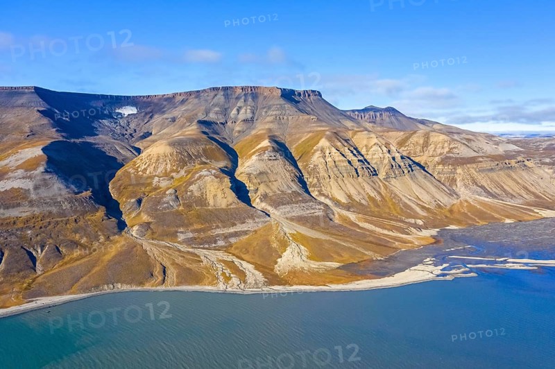 Aerial view over the mountains of Skansbukta in the outer Billefjorden, Billefjord, southeast of Dickson Land, Svalbard, Spitsbergen, Norway, Europe