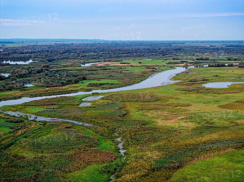 The Warta Estuary National Park, Park Narodowy Ujscie Warty, where the Warta flows into the Oder. The park consists mainly of meadows and pastureland, intersected by numerous old river courses and canals. Aerial view. Kostrzyn nad Odra, Lubuskie, Poland, Europe