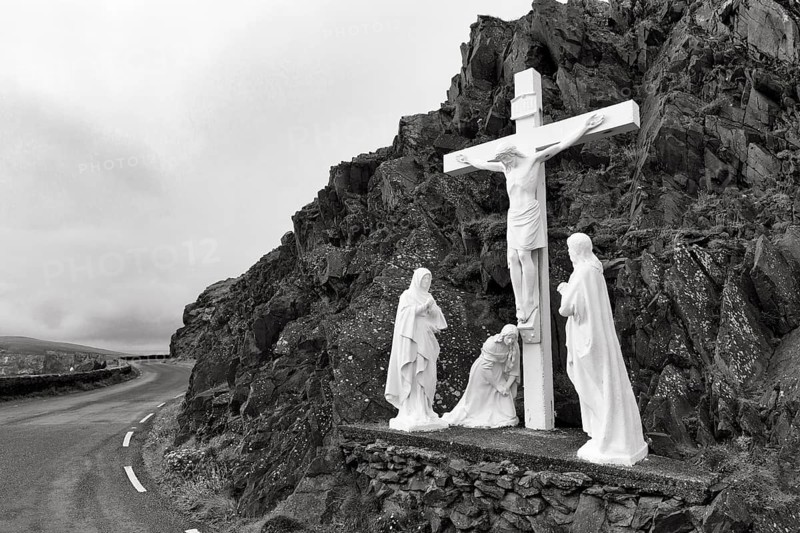 Crucifixion scene on cliffs, rain, monochrome, Slea Head Drive, Dingle Peninsula, Kerry, Wild Atlantic Way, Ireland, Europe