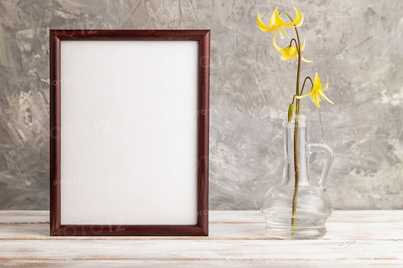 Wooden frame with yellow trout lily or dogtooth violet flowers in glass on gray concrete background. side view, copy space, mockup, template, spring, summer minimalism concept