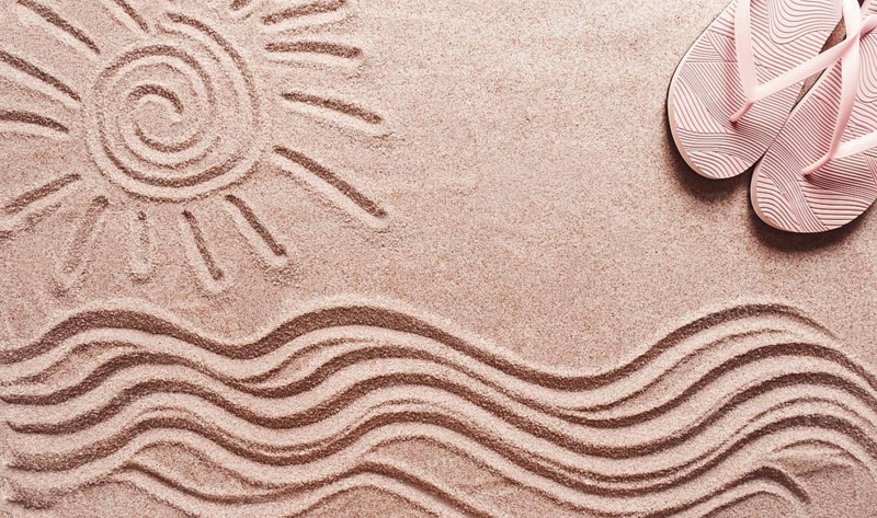 Abstract background, Summer wallpaper, drawing on sand, sea waves and sun, women's beach flip-flops, horizontal, no people