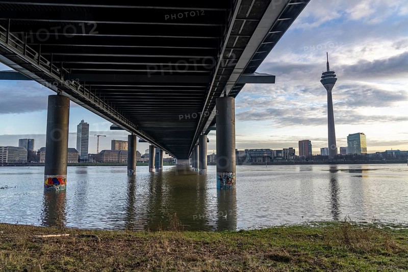 Bridge ramps of the Rheinknie Bridge over the Rhine near Düsseldorf, Rhine Tower, view from Oberkassel, North Rhine-Westphalia, Germany, Europe