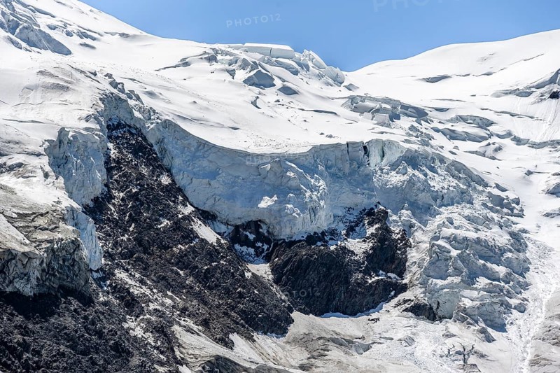 Rutted glacier ice with crevasses, high alpine mountain landscape, La Jonction, Chamonix, Haute-Savoie, France, Europe