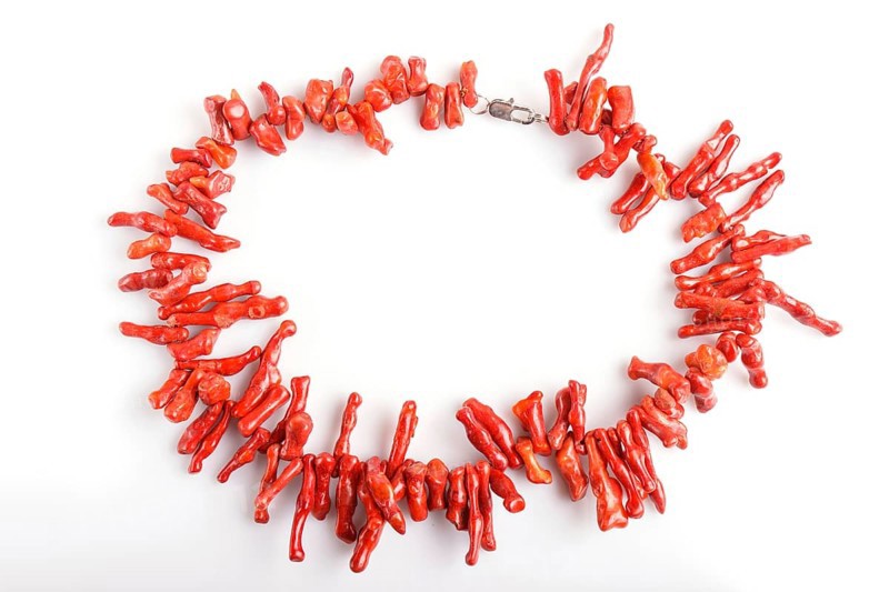 Red coral beads isolated on white background. top view, close up