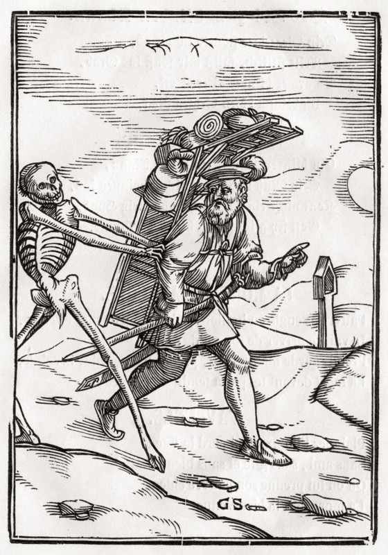 Der Tod kommt zum Hausierer Woodcut von Georg Scharffenberg nach Hans Holbein d. J. Aus Der Todten Tanz, erschienen Basel 1843, Death comes to the Pedlar Woodcut by Georg Scharffenberg after Hans Holbein the Younger From Der Todten Tanz or The Dance of Death published Basel 1843, Historisch, digital restaurierte Reproduktion von einer Vorlage aus dem 19. Jahrhundert, Record date not stated