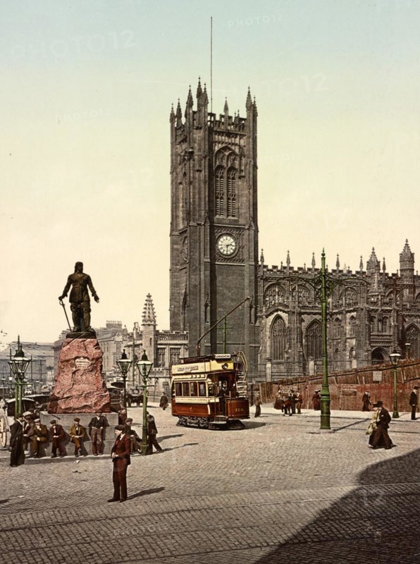 Manchester Cathedral is the cathedral church of the Diocese of Manchester in the Church of England, c. 1890, Historic, digitally restored reproduction from a 19th century original