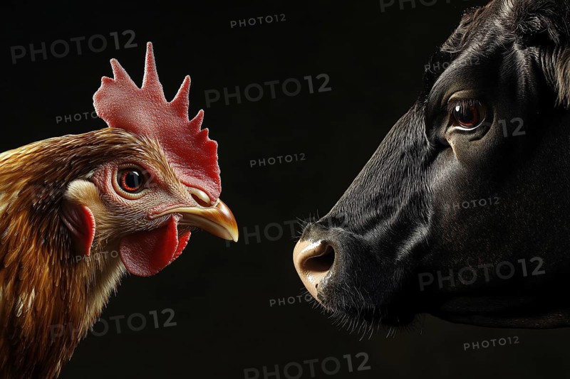 Concept for spread of H5N1 virus from birds to other animals showing a chicken and a cow's head on black background. Generative AI, AI generated