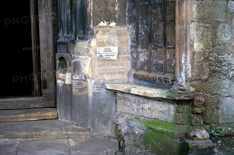 Flood levels recorded on the wall of St Margaret's Church, Kings Lynn, Norfolk, England, UK 1987