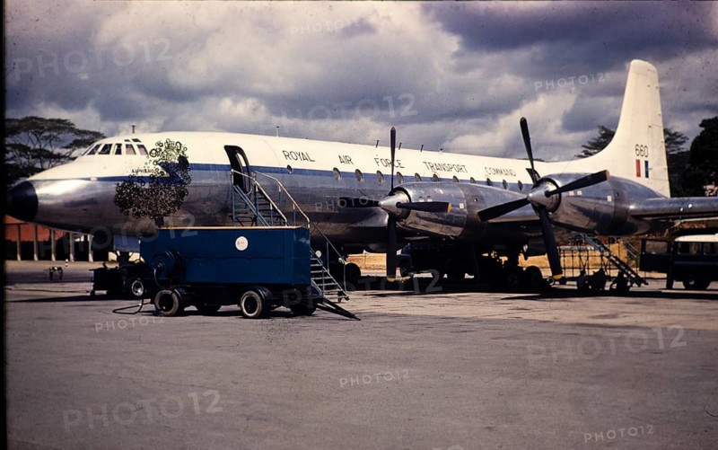 HEAVILY DAMAGED PUSH Alphard XL660, Royal Air Force Transport Command aircraft, Bristol 175 Britannia Fleet, photographed in the 1970s