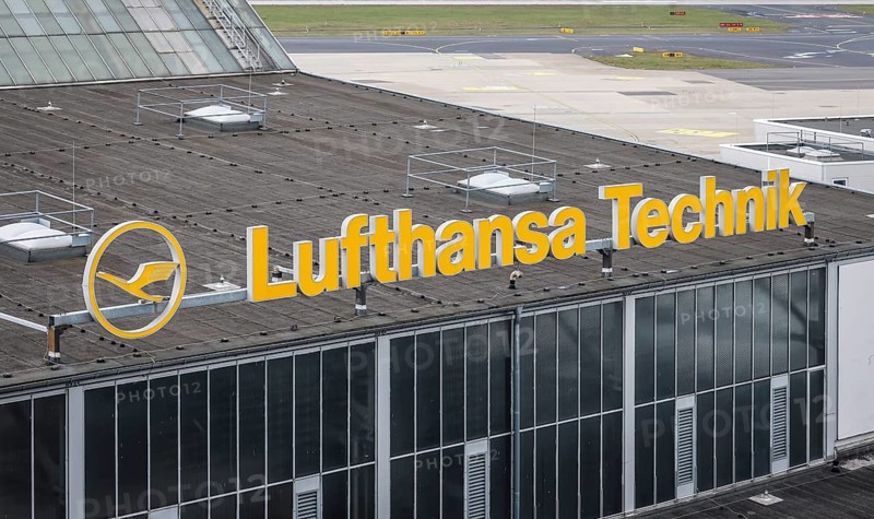Düsseldorf, North Rhine-Westphalia, Germany - Lufthansa Technik, lettering on the roof of a building at Düsseldorf Airport