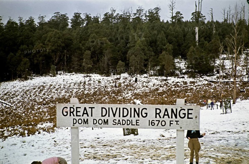 Sign for Dom Dom Saddle of the Great Dividing Range, Victoria, Australia 1956 Children playing in the snow
