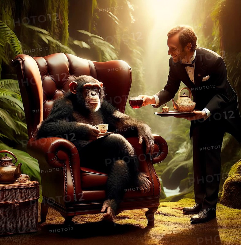 An ape, a chimpanzee sits casually in an armchair and is served by a human butler, symbolic image role model, humanisation, role reversal, primate, serve, servant, stimulant, abuse, imitate AI generated, AI generated