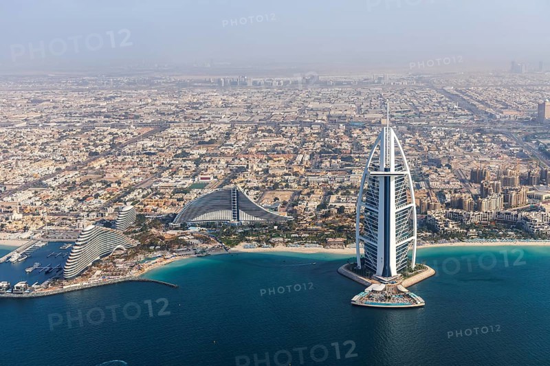 Dubai Burj Al Arab luxury hotel aerial view aerial view by the sea from above in Dubai, United Arab Emirates, Asia
