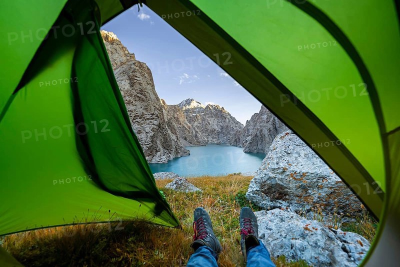 Wild camping, camping in the wilderness with a tent, Kol Suu mountain lake, Sary Beles Mountains, Naryn Province, Kyrgyzstan, Asia