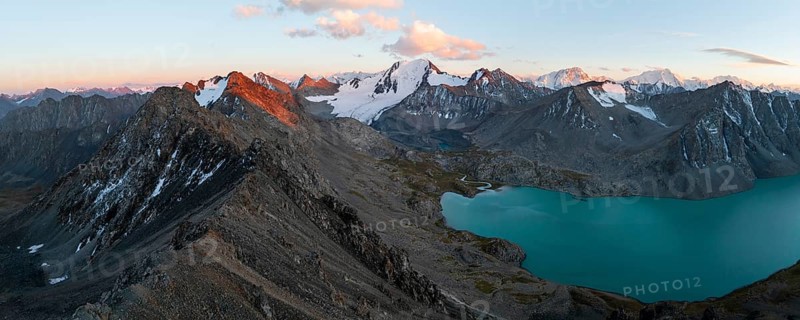 Evening mood, mountain panorama, aerial view, 4000 metre peak with glacier, mountain pass and mountain lake Ala-Kul Lake, Tien Shan, Kyrgyzstan, Asia