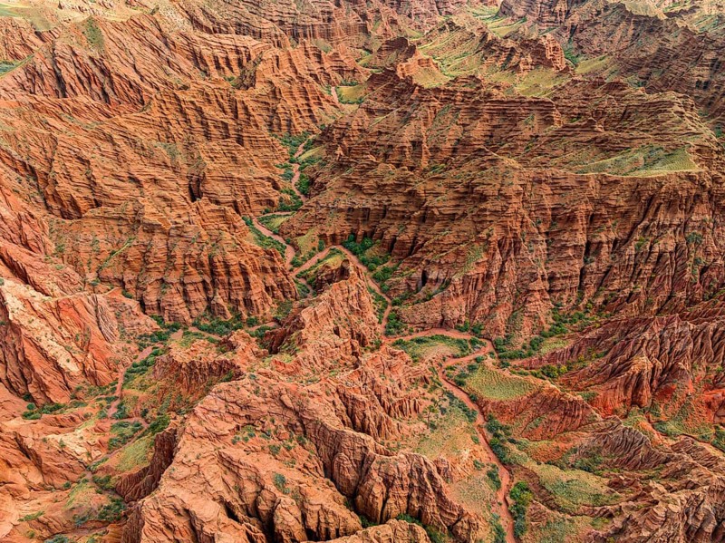 Eroded mountain landscape, top-down, canyon with red and orange rock formations, aerial view, Konorchek Canyon, Chuy, Kyrgyzstan, Asia
