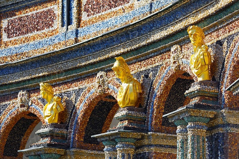 Gilded bust, facade, exterior walls, decorated, colourful, coloured stones, crystals and glass pieces, mosaic, mosaic-like arrangement, New Palace, Orangery, Hermitage, historical park, landscape park, Rococo, built from 1715, Eremitage district, Bayreuth, Upper Franconia, Franconia, Bavaria, Germany, Europe