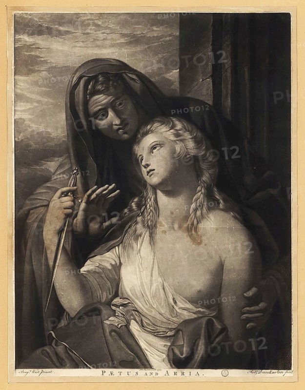 The Death of Arria and Paetus, Paetus, It Doesn't Hurt, Arria the Elder, woman of the Roman politician Aulus Caecina Paetus, is said to have handed her man the dagger she had thrust into his chest with these words to commit suicide togetherm after a painting by Benjamin West, Historic, digitally restored reproduction of an original artwork from the period, exact original date not known