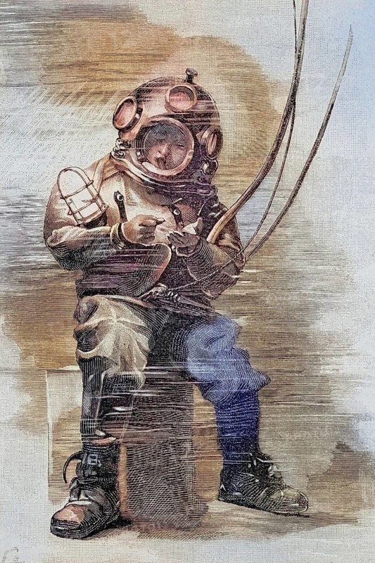 Diver in full equipment under water, 1885, England, Historic, digitally restored reproduction of an original 19th century painting, exact original date unknown