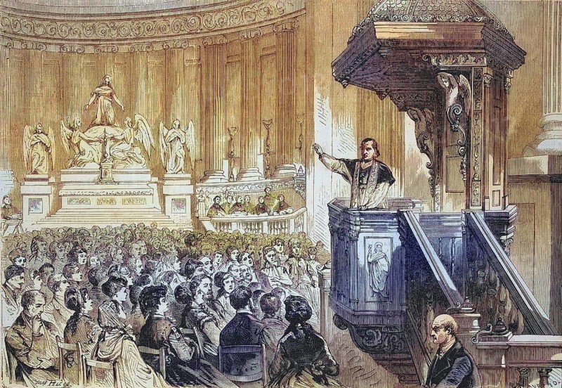 Monsignor farmer preaching from the pulpit in the Church of St. Mary Magdalene, La Madeleine, Sainte-Marie-Madeleine, St. Mary Magdalene, Paris, France, 1869, Historic, digitally restored reproduction of a 19th century original, exact original date not known, Europe