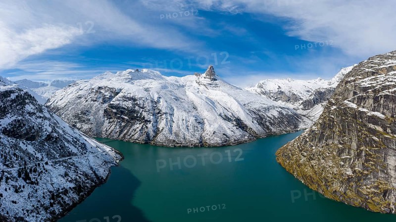Aerial view over the Zervreila reservoir with the Zervreilahorn in the background, Valsertal, Canton Graubünden, Switzerland, Europe