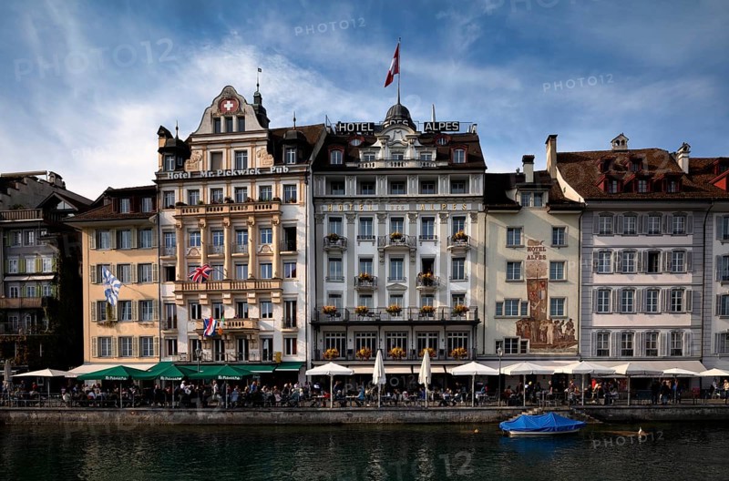 View from the Chapel Bridge onto the hotel promenade, Hotel des Alpes, Old Town, Lucerne, Switzerland, Europe