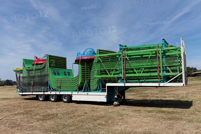 Truck semi-trailer, loaded with construction parts of a ride, Rheinkirmes superstructure, Düsseldorf, North Rhine-Westphalia, Germany, Europe