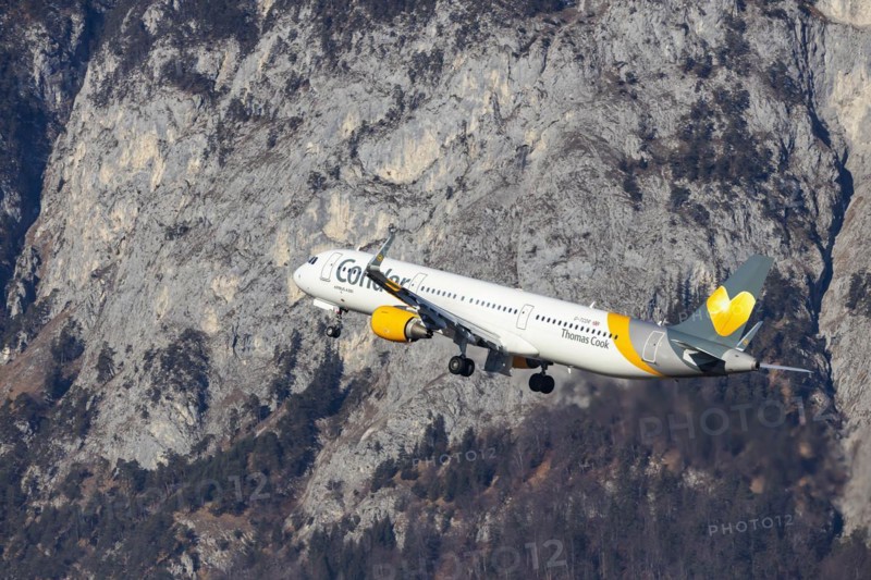 Condor airline aircraft taking off from Innsbruck Kranebitten Airport, Airbus A321-200. Snow-covered mountains of the Alps, Innsbruck, Tyrol, Austria, Europe