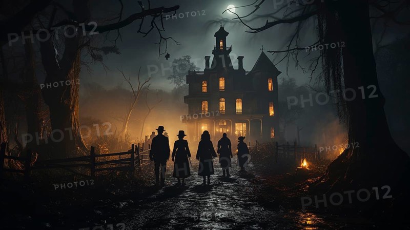 Silhouette of several people walking down the lantern lit walkway on halloween night toward a spooky house, generative AI