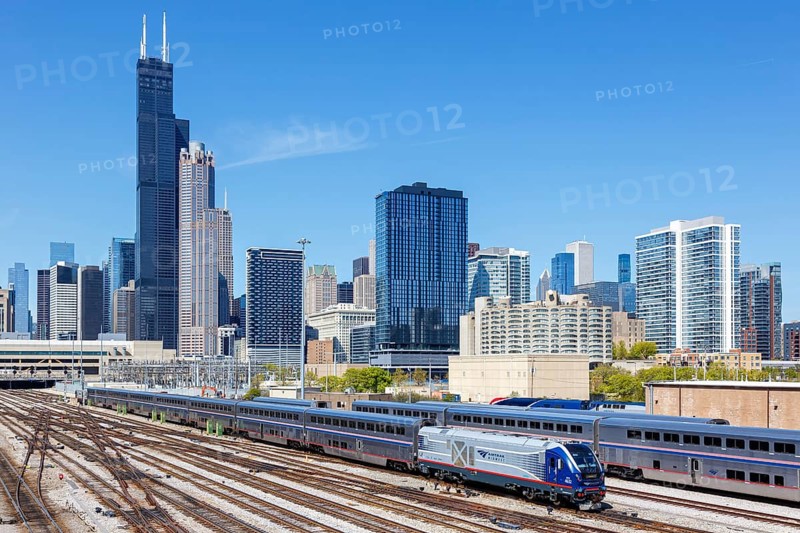 Skyline with Amtrak Midwest train railway at Union Station in Chicago, USA, North America