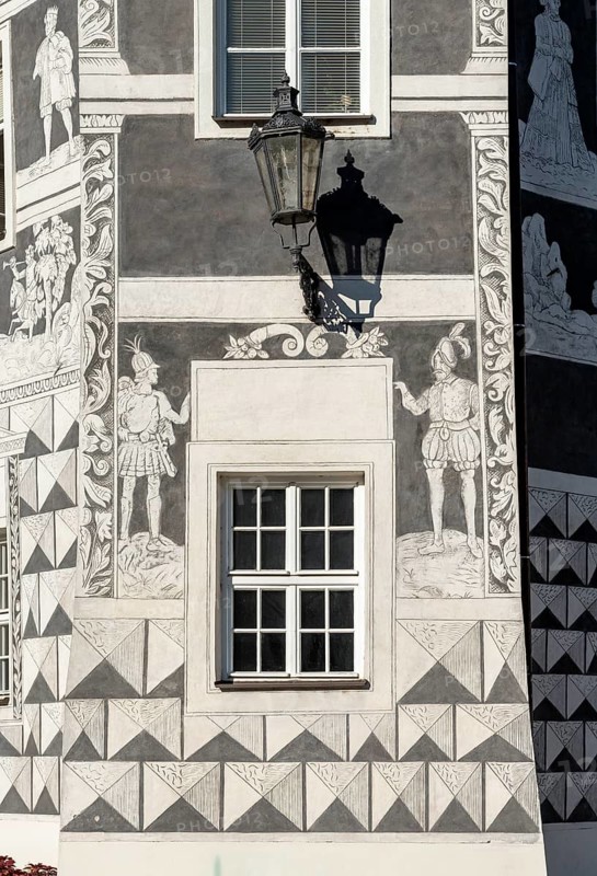 Detail of sgraffito decoration on facade of the Knights, U Rytiru, house, Mikulov, Czech Republic, Europe