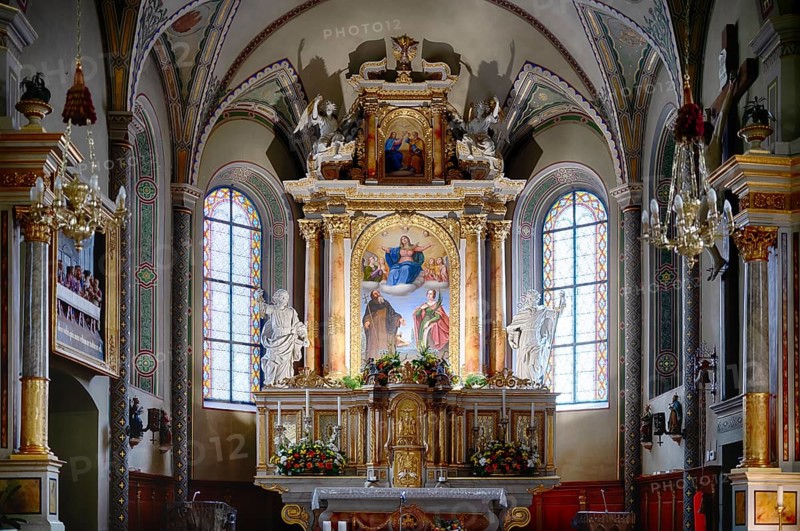 Interior view, main altar with altarpiece, parish church of San Cristina in Val Gardena, Santa Cristina, Val Gardena, South Tyrol, Italy, Europe