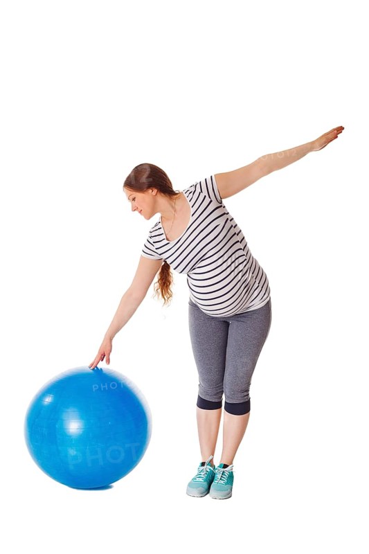 Pregnancy exercise concept, pregnant woman doing exercises with exercise ball isolated on white background