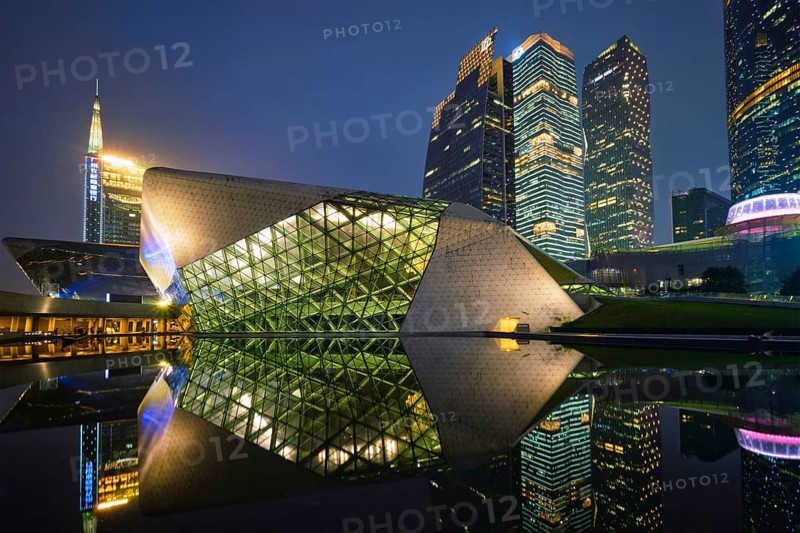 GUANGZHOU, CHINA, APRIL 27, 2018: Guangzhou Opera House designed by famous Iraqi architect architect Zaha Hadid illluminated at night