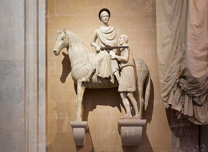 Saint Martin sharing his cloak with a beggar, original c. 1300, Cathedral, Cattedrale di San Martino also Duomo di Lucca, Lucca, Tuscany, Italy, Europe