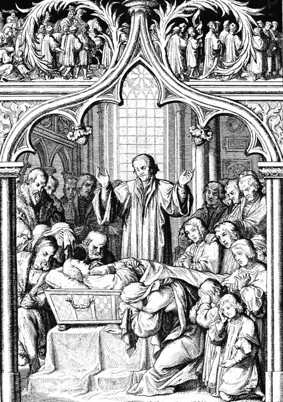 Martin Luther's funeral in 1546, death, mourning, coffin, tears, crying, many people, Prietser, church, interior, mourners, ornaments, religion, Protestantism, 16th century, historical illustration circa 1860
