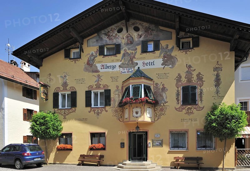 Hotel decorated with frescoes at Castelrotto, Kastelruth in the Dolomites, Italy, Europe