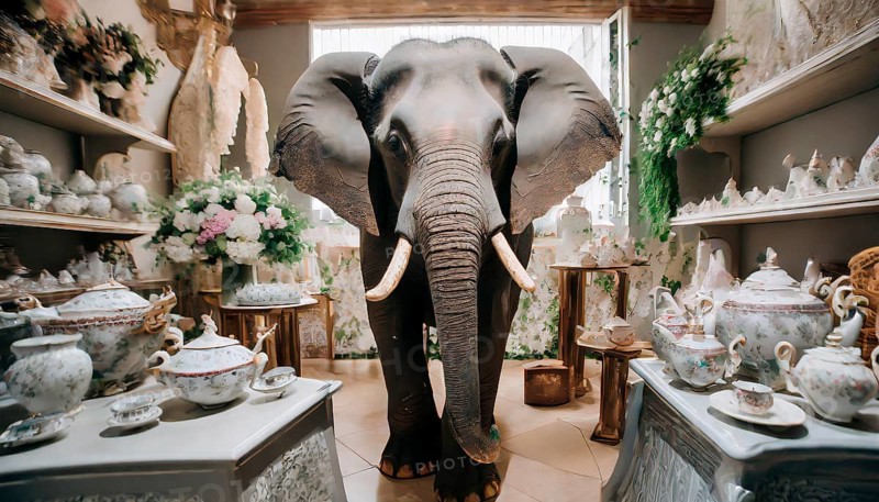 The elephant in the china shop, an elephant in a shop with porcelain and ceramics, AI generated