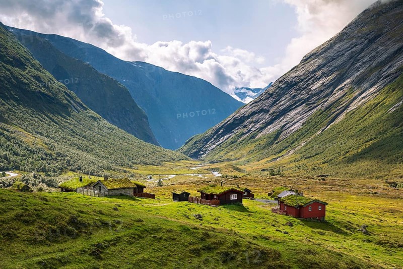 Traditional cabins with grass roofs in the mountain valley, Skjerdingsdalssætra, Stryn, Norway, Europe