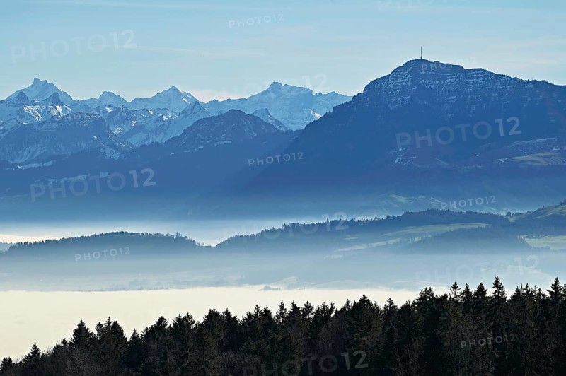 Fog over the Reuss valley, behind the Rigi, Horben, Freiamt, Canton Aargau, Switzerland, Europe
