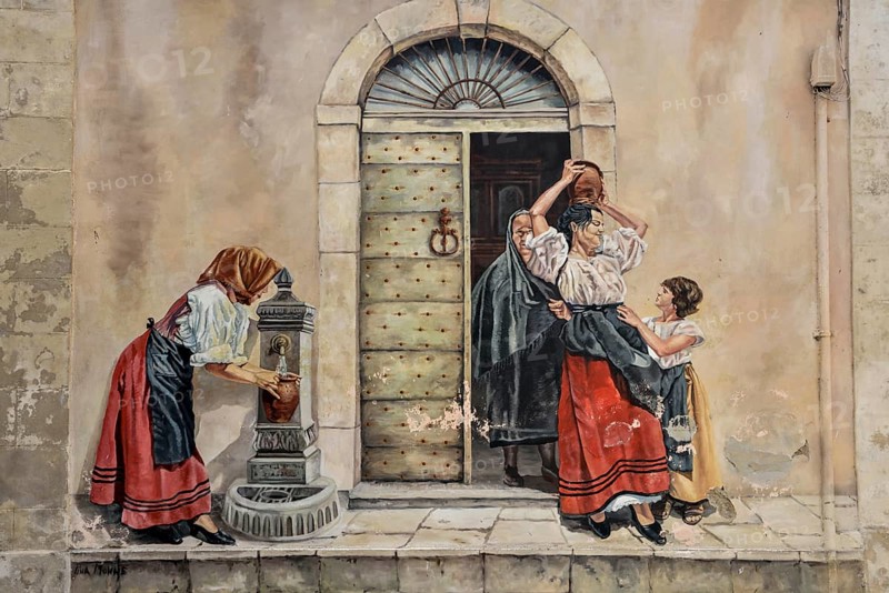Sardinian Mural painting, peasant women with jugs, Mural, Thieri, Sardinia, Italy, Europe