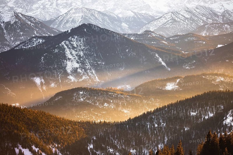 Winter, panorama, mountains, sunbeam, Bavarian Alps, Jachenau, Brauneck, Bavaria, Germany, Europe