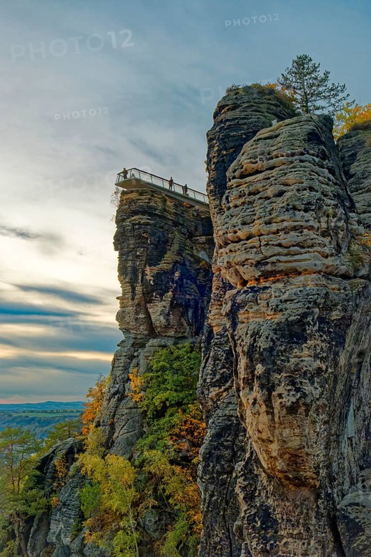 Evening mood, sunset, view to the new Basteiaussicht, Lohmen, Saxon Switzerland, Elbe Sandstone Mountains, Saxony, Germany, Europe