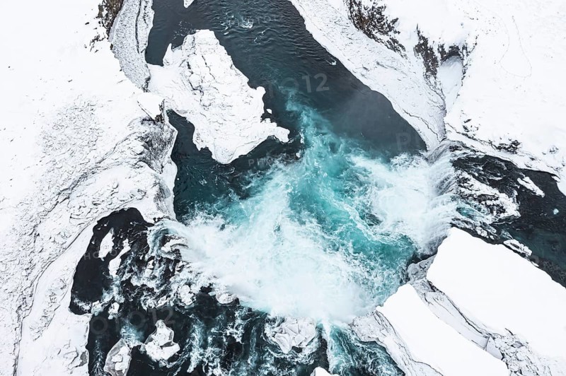 Godafoss waterfall, snowy landscape, drone shot, Northern Iceland Eyestra, Iceland, Europe